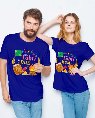 First Lohri as Mom & Dad Blue T-shirt